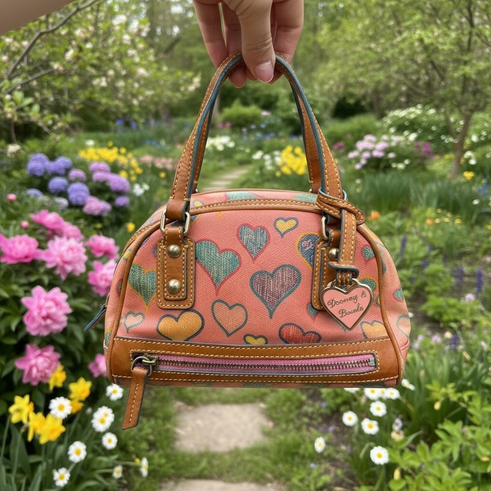 Dooney & Bourke Heart Print Mini Barrel Satchel Y2K Pink Bag